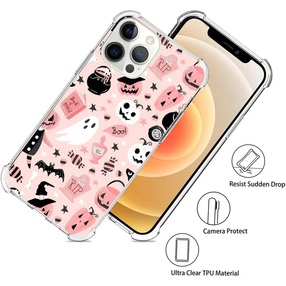 Pink Halloween Ghost Pumpkin iPhone 13 Pro Case Shockproof TPU Clear Cover‎